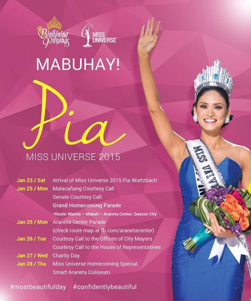 Schedule of events for Miss Universe 2015 Pia Wurtzbach homecoming