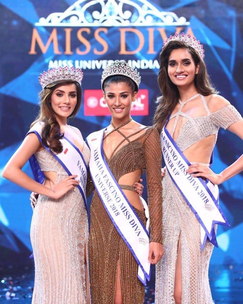 Nehal Chudasma (center) is the new Miss Universe India while Aditi Hundia (left) is Miss Supranational India 2018. Roshni Sheoran was named as the runner-up