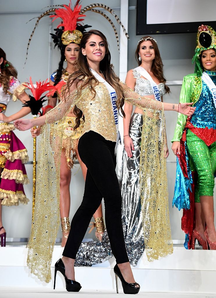 Miss Lebanon Stephanie Karam displays her national costume during the opening press preview of 2016 Miss International Beauty Pageant in Tokyo on October 11, 2016.Seventy women will compete in the final in Tokyo on October 27. / AFP / TOSHIFUMI KITAMURA        (Photo credit should read TOSHIFUMI KITAMURA/AFP/Getty Images)