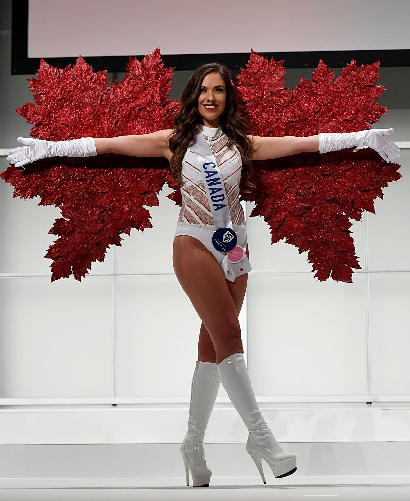 Miss Canada Amber Bernachi displays her national costume during the opening press preview of 2016 Miss International Beauty Pageant in Tokyo on October 11, 2016.Seventy women will compete in the final in Tokyo on October 27. / AFP / TOSHIFUMI KITAMURA        (Photo credit should read TOSHIFUMI KITAMURA/AFP/Getty Images)