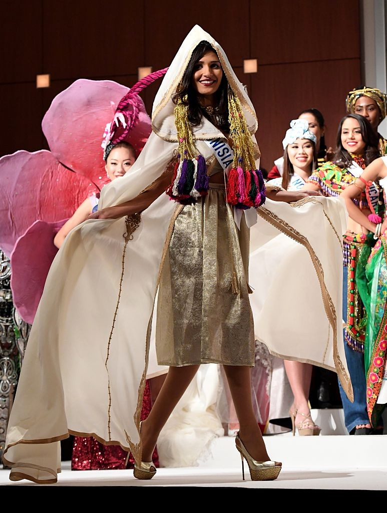 Miss Tunisia Hiba Telmoudi displays her national costume during the opening press preview of 2016 Miss International Beauty Pageant in Tokyo on October 11, 2016.Seventy women will compete in the final in Tokyo on October 27. / AFP / TOSHIFUMI KITAMURA        (Photo credit should read TOSHIFUMI KITAMURA/AFP/Getty Images)